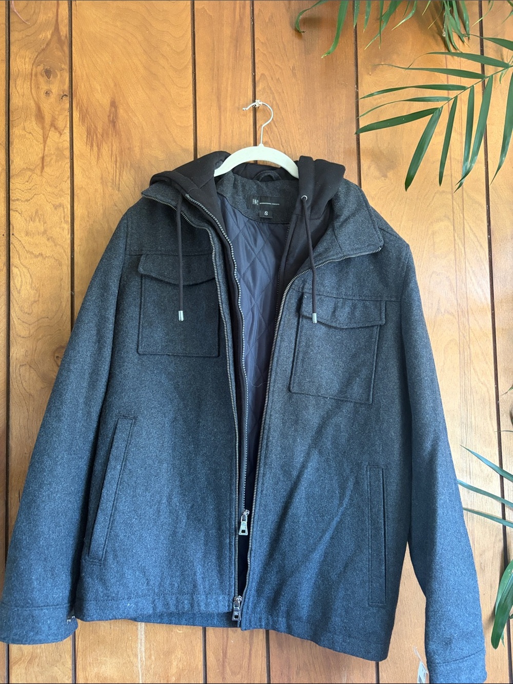 INC International Concepts Dark Gray Hooded Wool-Blend Pea Coat